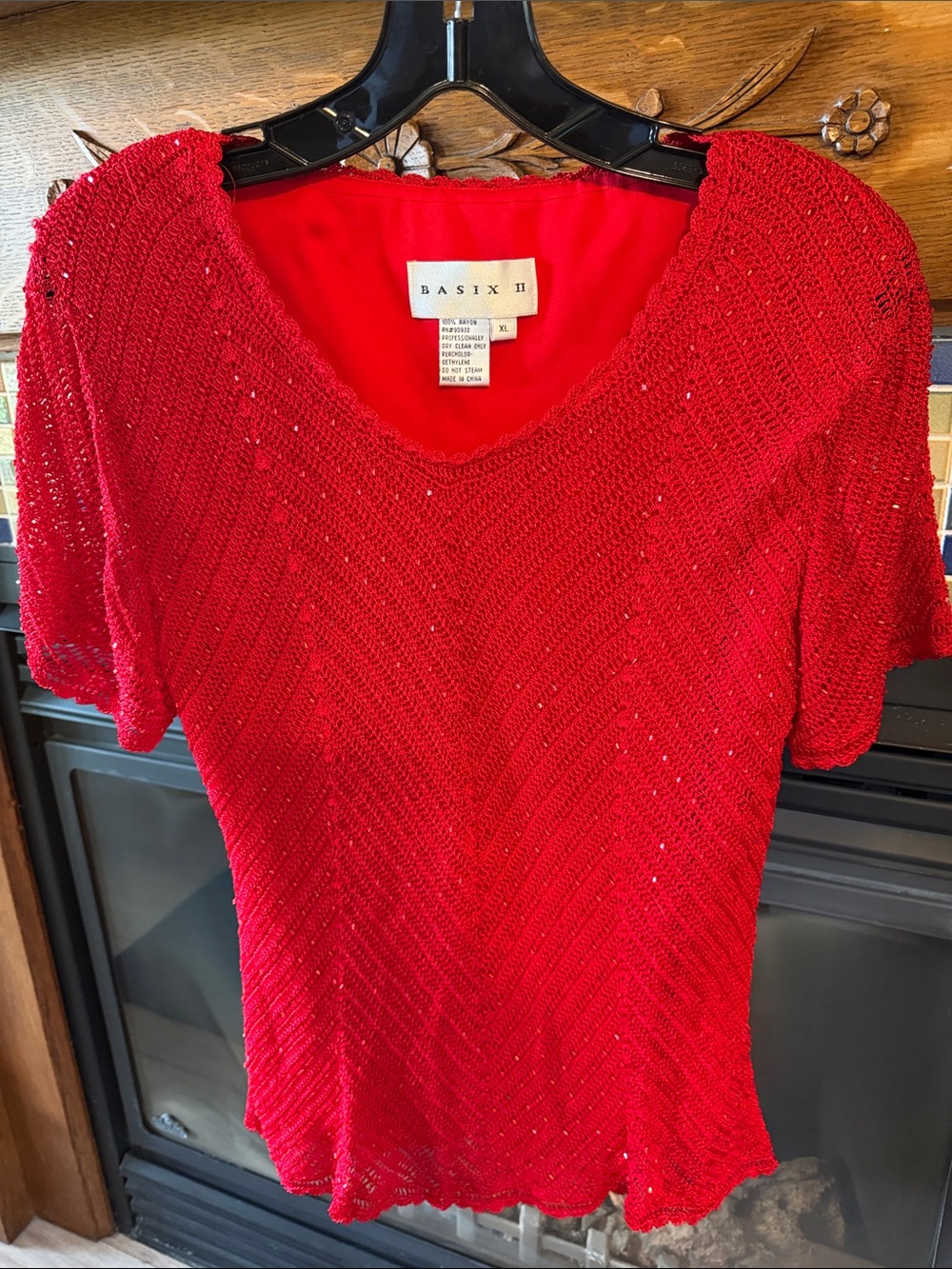Basix II Red Short-Sleeve Knit Top with Subtle Sparkle